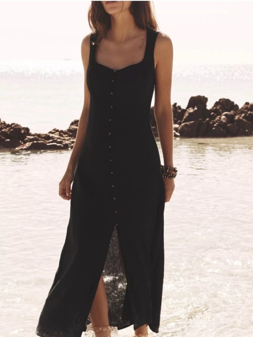 Zara Black Linen Midi Dress. Size Large